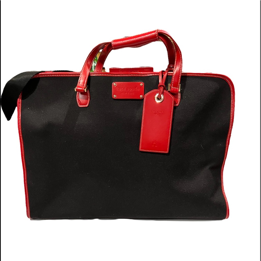 Kate Spade Carryon Duffle Lisbon Vintage Red Leather Trim Red Quilted Inside - Picture 2 of 9